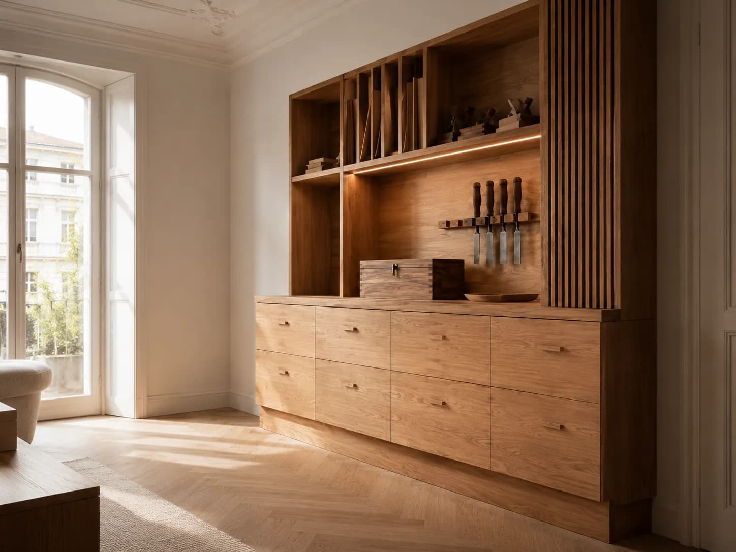 Einbauschrank aus Eiche in der Werkstatt, ganze Front