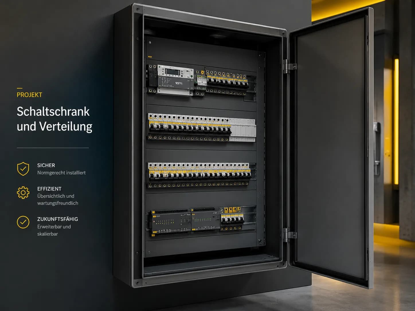 Geöffneter Schaltschrank mit übersichtlich verteilten Stromkreisen und Schutzschaltern
