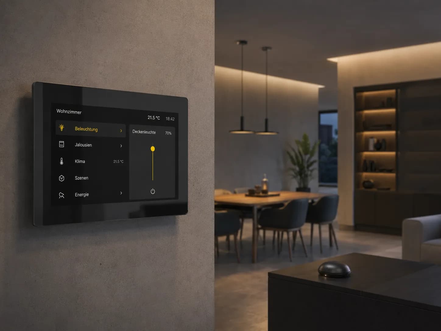 Smart-Home-Steuerung mit Bedienpanel und Sensorik im Wohnraum