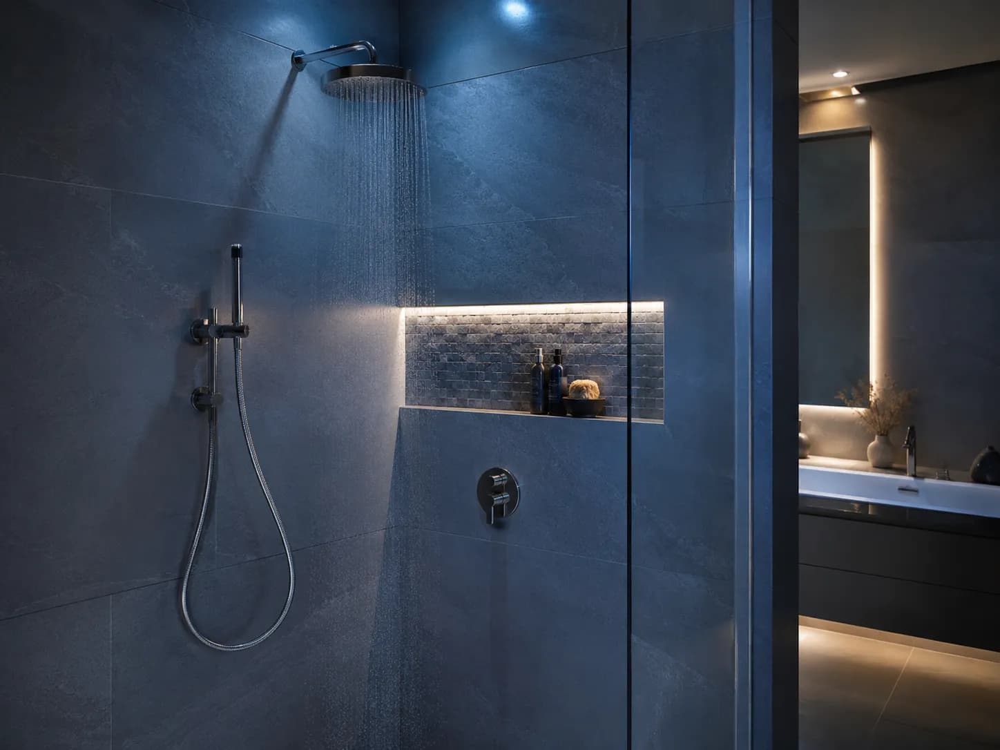 Bodengleiche Dusche mit Regendusche und beleuchteter Wandnische
