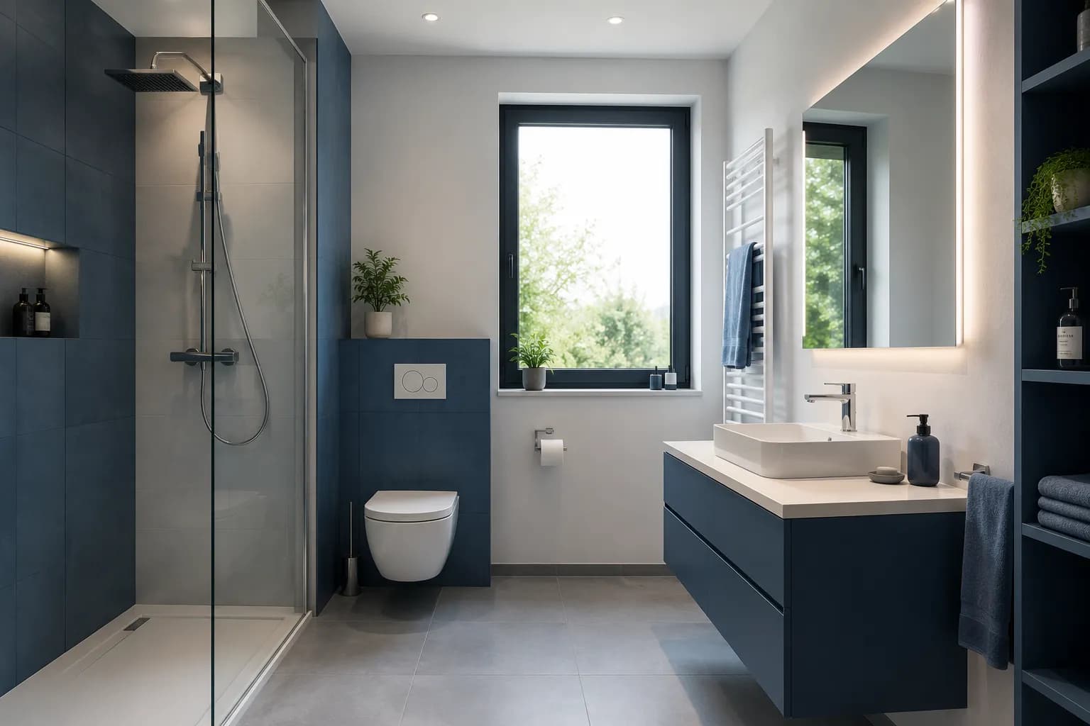 Modernes Badezimmer mit bodengleicher Dusche, Waschtisch und blauen Oberflächen