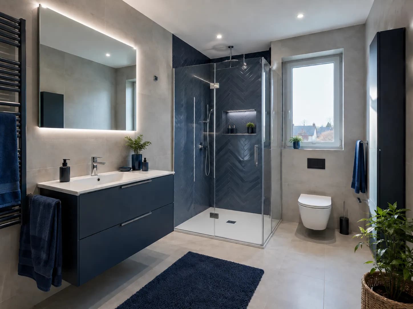 Modernisiertes Badezimmer mit Dusche, Waschtisch und wandhängendem WC