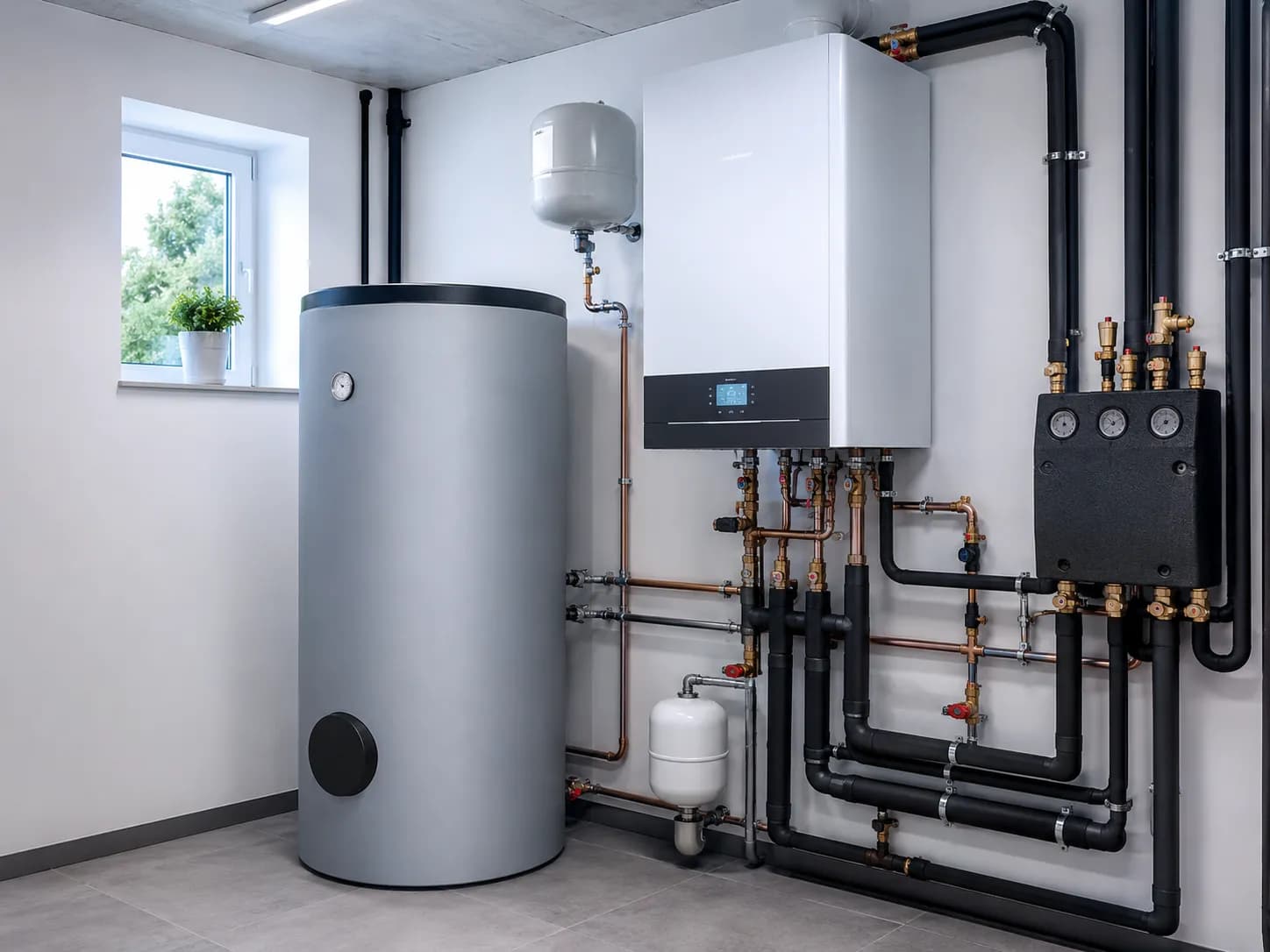 Moderne Heizungsanlage mit Speicher und sauber geführten Rohrleitungen